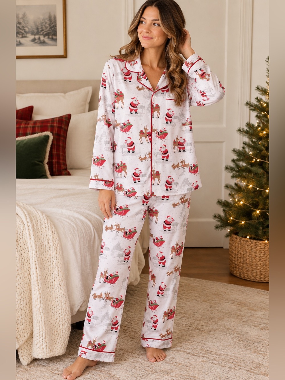 Pottery Barn Kids Adult Santa’s Sleigh Flannel Pajama Set Size Medium